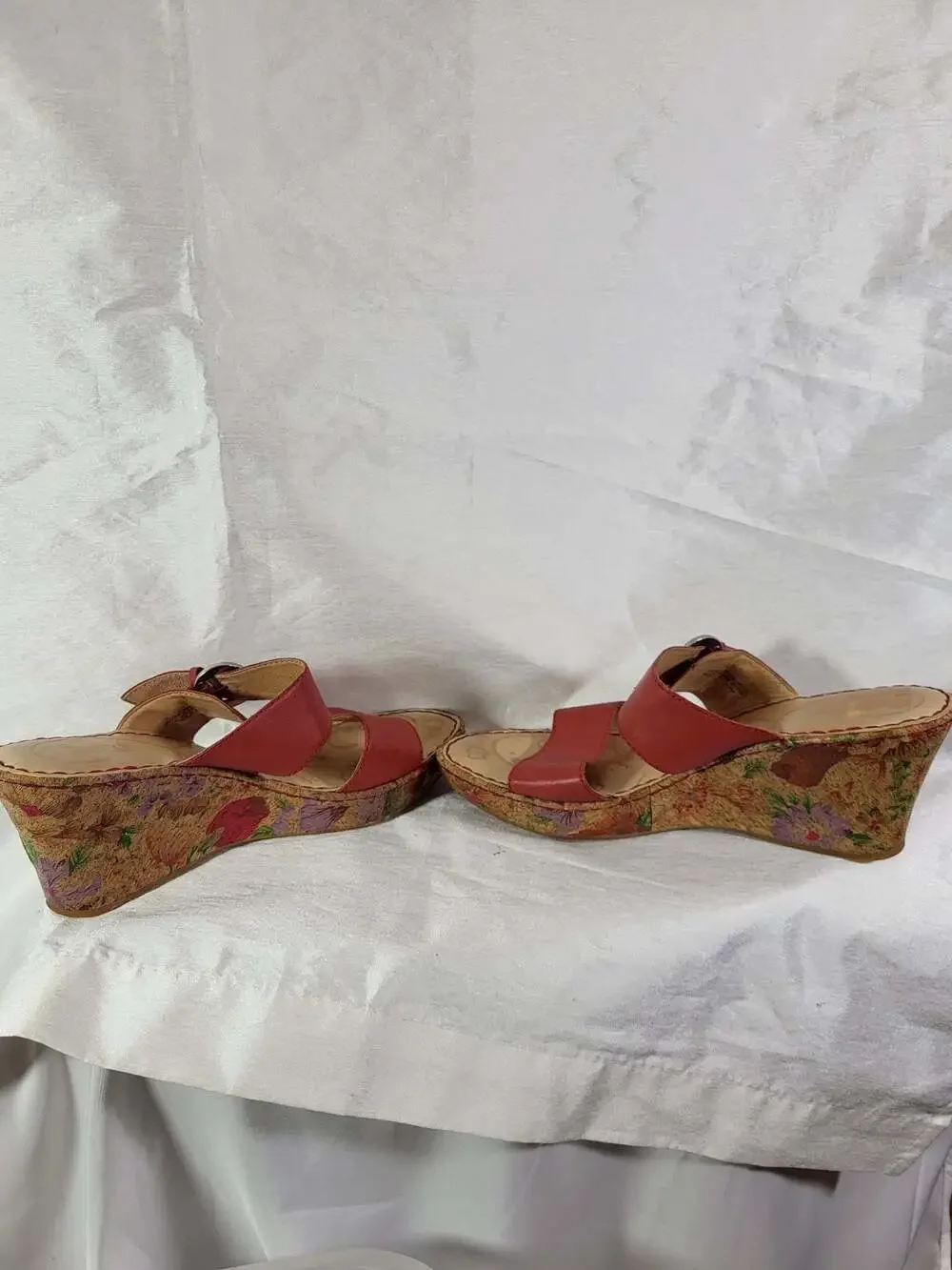 Born Red Leather Floral Cork Wedge Slide Sandals